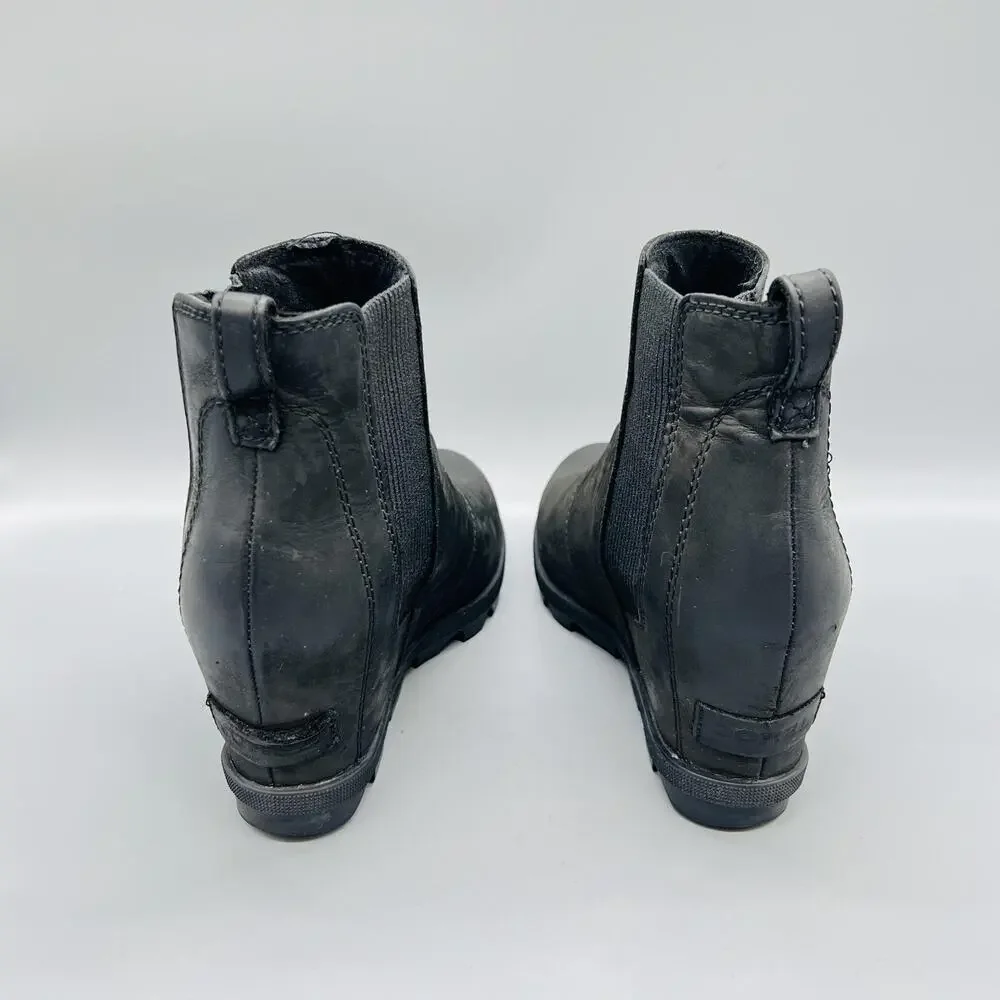 Sorel Boots Womens 8 Black Leather Joan of Arctic Wedge II Chelsea Ankle Shoes